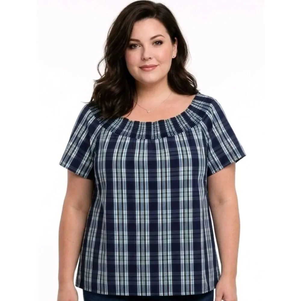 Talbots Navy Blue Plaid Smocked Neck Short Sleeve Blouse Size 1X